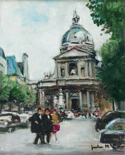 Jules René HERVÉ (1887 - 1981) La Place de la Sorbonne animée. Huile sur toile, signée...