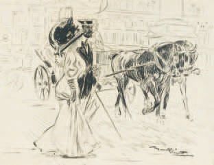 Marcel CLÉMENT (né en 1873) Couple d'élégants place Vendôme. Vers 1900. Fusain sur...