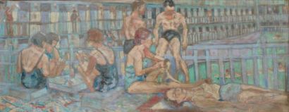 École française, vers 1930. Nageurs à la piscine Deligny. Huile sur toile, signée...