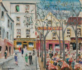 Lucien GÉNIN (1894 - 1953) La Place du Tertre animée. Gouache sur papier, signée...