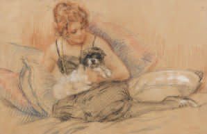 Henry Charles TENRÉ (1894 - 1926) Femme au petit chien, assise sur un sofa. Dessin...