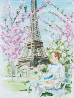 James RASSIAT Avril à Paris. Maurice CHEVALIER, souriant à un oiseau, sur un banc...