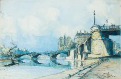 FRANCK-WILL (1900 - 1951) Le Petit Pont et Notre Dame Aquarelle et fusain sur papier,...