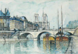 FRANCK-WILL (1900 - 1951) Notre Dame, la Seine, vues de la rive droite. Aquarelle...
