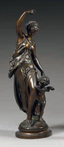 - Mathurin MOREAU (1822-1912) Danseuse et putto Statuette en bronze à patine médaille...