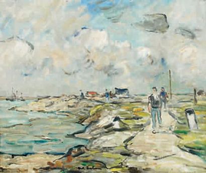 - Abel BERTRAM (1871-1954) Promenade en bord de mer Huile sur toile signée en bas...