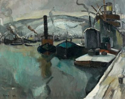 - Georges Albert CYR (1880-1964) Le port de Rouen sous la neige en 1926 Huile sur...