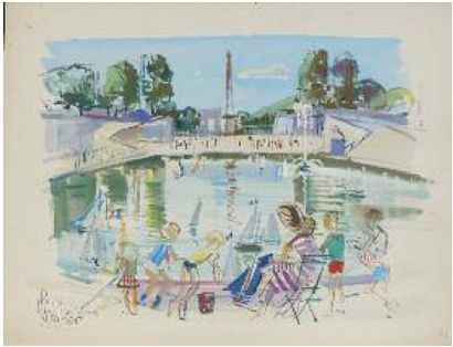 James RASSIAT (1909 - 1998) Paris, Bassin aux Tuileries, vers 1955. Gouache sur papier....