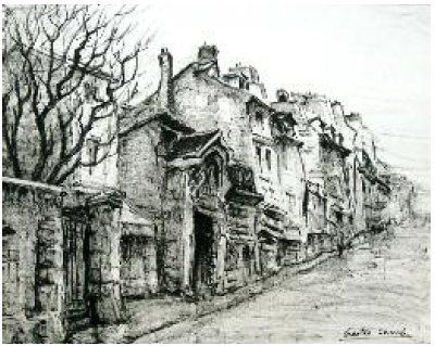 Odette CAMP (1909 - 1979) Rue Saint Jacques Dessin à l'encre de Chine, signé en bas...