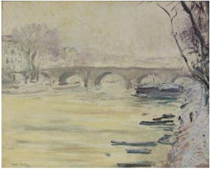 André BARBIER (1883 - 1970) Le Pont Marie, hiver à Paris. Huile sur toile, signée...