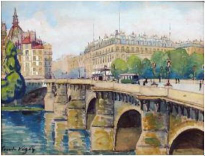 Louis-Jacques VIGON (1897-1985) Le Pont Neuf animé Aquarelle sur papier, signée en...