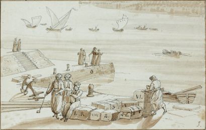 Ecole Orientaliste vers 1800 Scène de port Dessin au lavis sur papier 12,5 x 20 ...