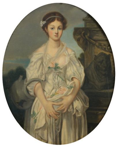 Ecole Française du XVIIIème siècle Portrait de femme Huile sur toile ovale (rentoilée)...