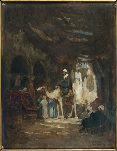 Frederic Arthur BRIDGMAN (1847-1928) Scène de souk : marchands présentant des tapis...