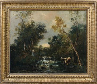 CARON (XIXème siècle) Vaches s'abreuvant dans un ruisseau Huile sur toile signée...