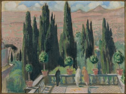 Maurice DENIS (1870-1943) Trois personnages de dos sur une terrasse, 1928 Huile sur...