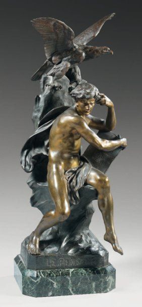 Emile Louis PICAULT (1833-1915) Le penseur Statuette en bronze à patine verte sur...