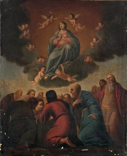 ECOLE DU XVIIIe SIÈCLE Assomption de la Vierge.
Huile sur toile.
55 x 45,5 cm.
Trou,...
