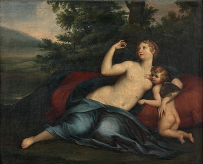 ECOLE FRANÇAISE ou ITALIENNE du XVIIIe siècle Vénus et Cupidon
Huile sur toile, rentoilée.
50...