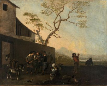 École ITALIENNE vers 1800, suiveur de CERQUOZZI Paysans devant une auberge.
Toile.
62...