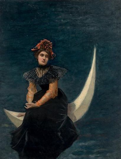Robert de Rougé (? - 1916) Colombine assise sur un croissant de lune.
Huile sur toile.
87,5...