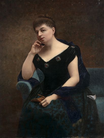 Robert de Rougé (? - 1916) Femme pensive.
Huile sur toile.
92 x 73 cm.
Réparatio...