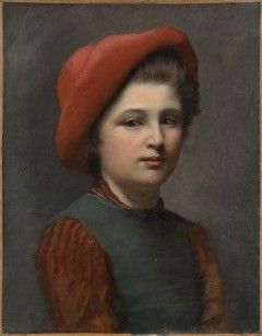 Robert de Rougé (? - 1916) Jeune fille au chapeau rouge.
Huile sur toile.
55 x 43...