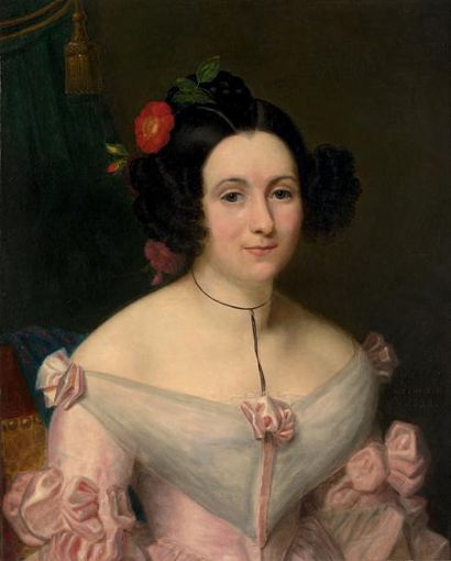 Jean-Baptiste Louis GERMAIN (1782-1842) Portrait de femme coiffée à la fleur d'églantier,...