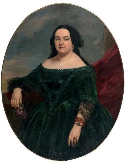 Ecole française vers 1850 Portrait de femme tenant un lilas.
Huile sur toile ovale,...
