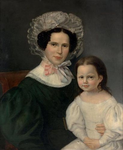 Ecole française vers 1850 Portrait de femme et sa fille.
Huile sur toile, rentoilée,...