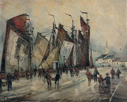 FRANK-WILL (1900-1951) Voiliers au port, le retour des pêcheurs, 1929.
Toile signée...