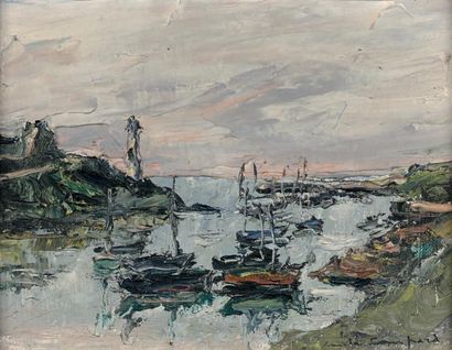 Emile COMPARD (1900-1977) Le Port de Doëlan.
Huile sur toile, signée en bas à droite.
19...