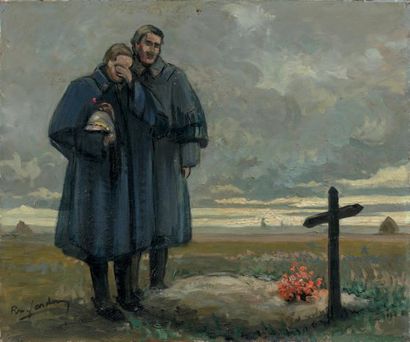 Raymond LARDEUR (1908-1973) Deux soldats se recueillant sur une tombe.
Huile sur...