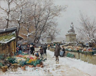 Eugène GALIEN-LALOUE (1854-1941) Bouquinistes et vendeurs de fleurs Gouache signée...