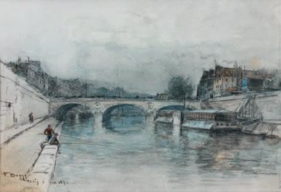 Franck Myers BOGGS (1855-1926) Pont St Michel et pêcheurs en bord de Seine, Paris,...