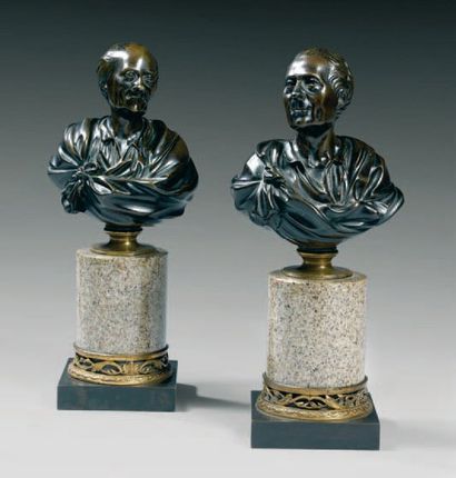 D'après Jean Antoine HOUDON Bustes de Voltaire et Diderot Statuettes en bronze à...