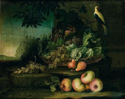 Ecole Italienne de la fin du XVIIe siècle Nature morte aux pomme, raisins, et salades...