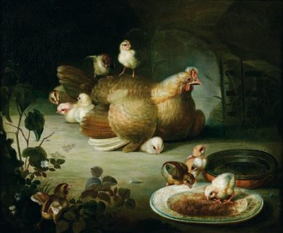 Ecole Française du XVIIIe siècle Poule et ses poussins Huile sur toile (Rentoilée,...
