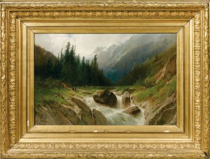 Gustave Eugène CASTAN (1823-1892) Paysage de montagne en Suisse Huile sur panneau...