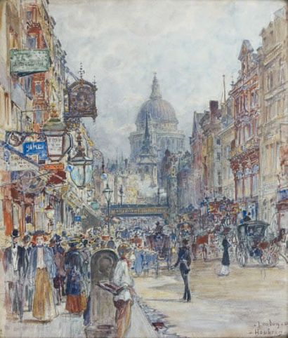 Frédéric Anatole HOUBRON (1851-1908) Rue animée à Londres. Dans le fond, le dôme...