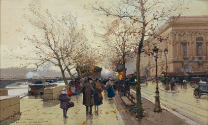 Eugène GALIEN-LALOUE (1854-1941) Le Louvre et la passerelle du pont des arts Gouache...
