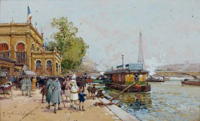 Eugène GALIEN-LALOUE (1854-1941) Embarquement sur la Seine, l'ancien Trocadéro et...