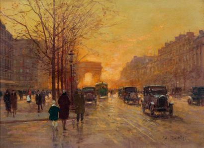 Edouard CORTES (1882-1969) Avenue des Champs Elysées avec au loin l'arc de triomphe,...