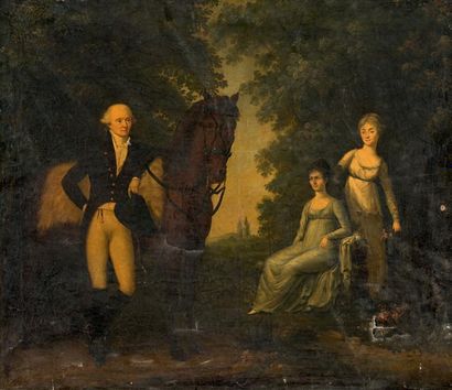 Ecole anglaise de la fin du XVIIIe siècle * Cavalier conversant avec deux dames dans...