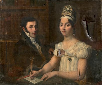 Ecole FRANCAISE, vers 1810 * Mariée écrivant une lettre, aux côtés de son époux
Huile...