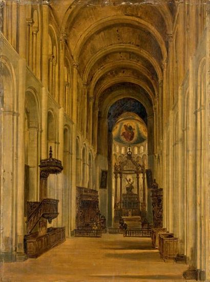 ÉCOLE FRANÇAISE, vers 1840 * Intérieur d'église
Huile sur toile.
47,2 x 35,5 cm....