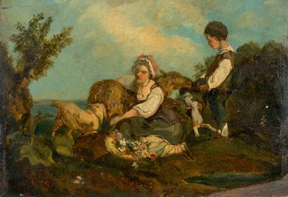 ÉCOLE FRANÇAISE du milieu du XIXe siècle * Couple de bergers
Huile sur panneau.
23,7...