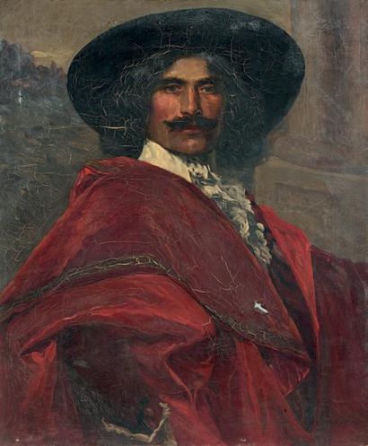 ÉCOLE FRANÇAISE du milieu du XIXe siècle * Portrait d'homme à la cape rouge
Huile...