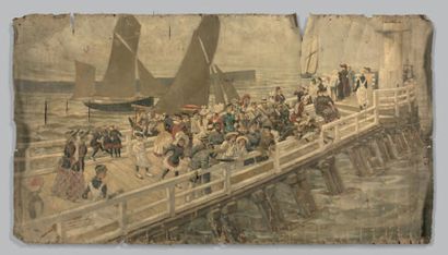 École française, vers 1900 * Promenade sur un ponton
Huile sur toile.
83 x 156 cm.
Très...