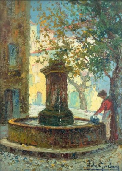 Italo GIORDANI (1882-1956) Femme à la fontaine sur une place de village
Huile sur...
